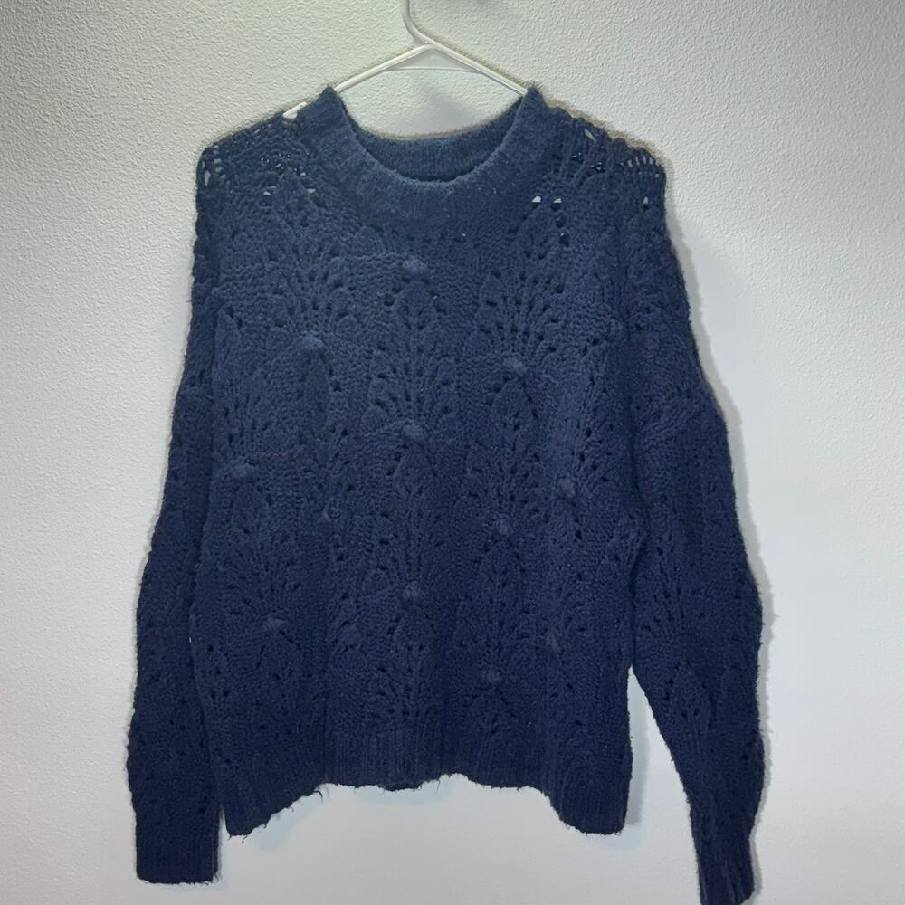 Aerie Sweater Women S Navy Blue Knit Eyelet Pullover Cozy Fall Winter Soft Top